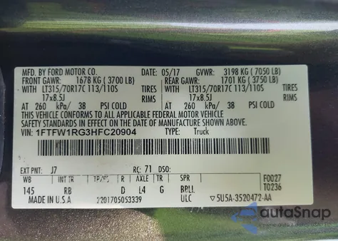 2017 Ford F-150 Raptor z USA, uszkodzony, nr VIN 1FTFW1RG3HFC20904